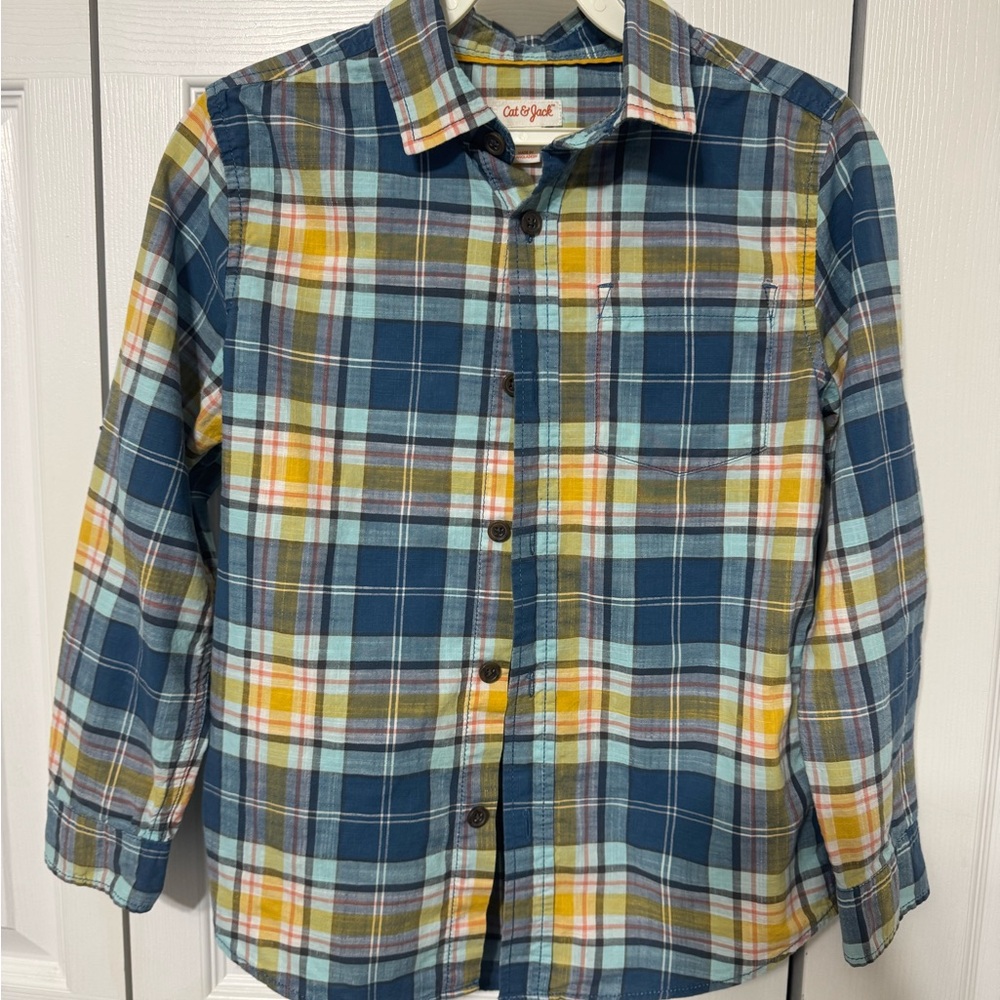 Cat & Jack Boys Plaid Shirt - Blue and Yellow, Medium 8-10